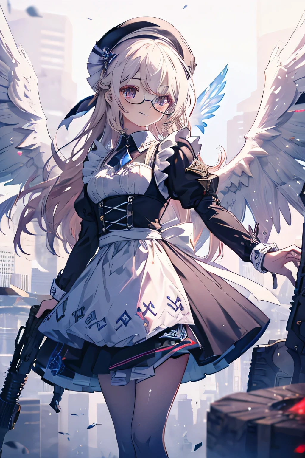 Maid without a headdress girl smiling, dentro de un MMORPG, Arm,  unknown background(MMORPG),  shooting at enemies, complete anatomy, white beret, angel wings, 3D transparent glasses