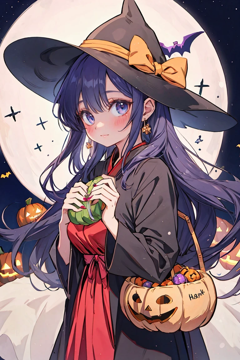 Halloween，A beautiful woman， exquisite makeup ，Dress up as a vampire，Hands holding a pumpkin basket full of candy，Halloween的街道，Beautiful and delicate face ，Avatar Style，Anime cute style,  clean detailed anime art , Smile