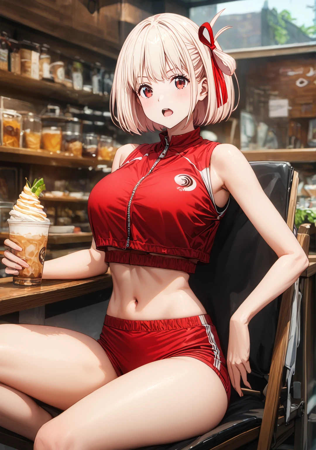 chisato nishikigi, short hair, bangs, blonde hair, red eyes, hair ribbon, one side up, bob cut, large breast, navel, bare shoulders, thighs, stomach, crop top, buruma, sportswear, zipper pull tab, red buruma, sports bikini, open mouth, sitting chair, indian style, cafe, from front, looking viewer, full-body shot, solo, alone, best quality, high quality, ultra-detailed, super detailed, high resoolution, hyper resolution, 8K, detailed background,