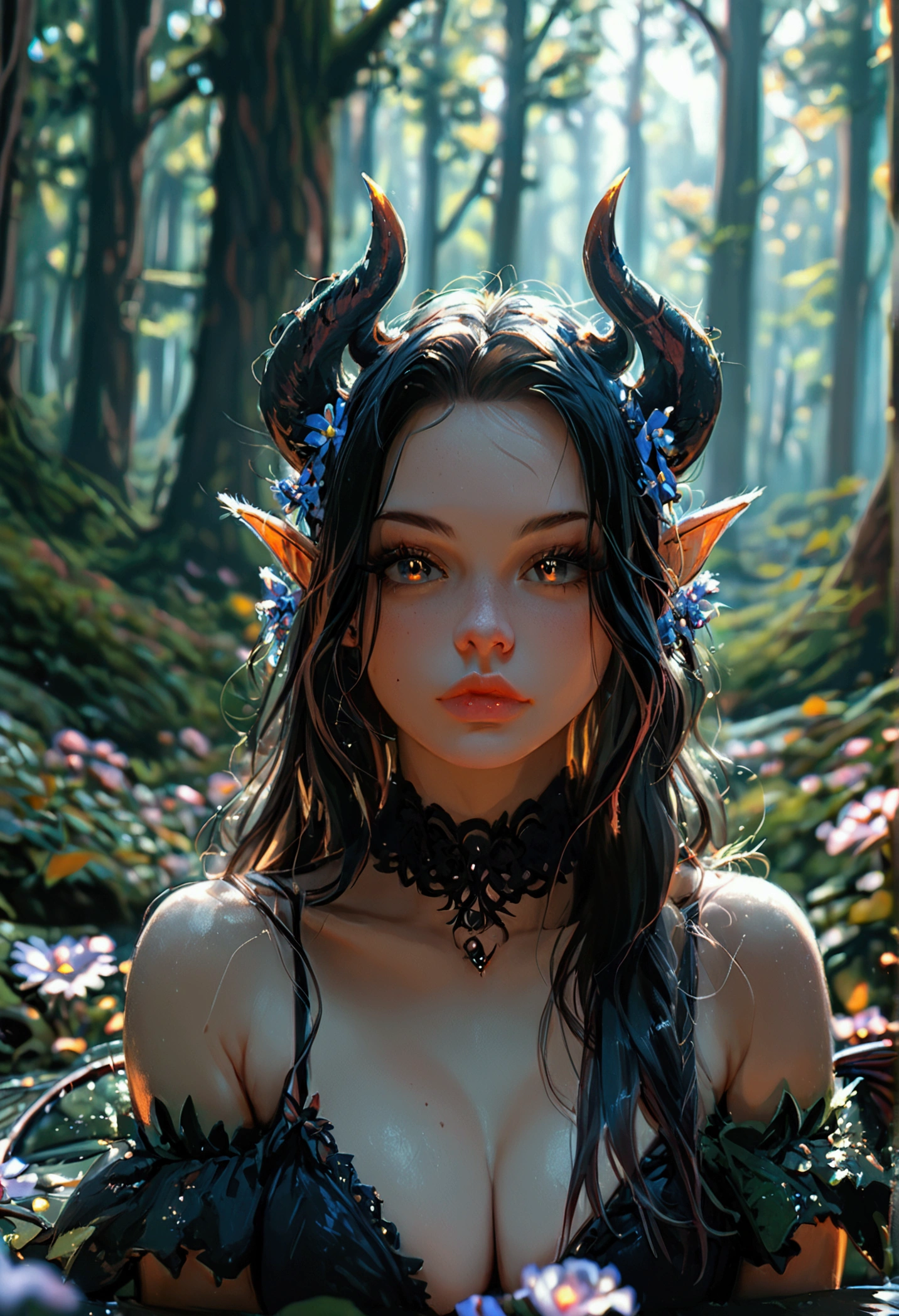 Nude(1girl)(solo)(gothic fairy)(demon horns)(demon tail)(dark fairy wings)(front view)(visible tail ass)(dark night)(dark forest)(laying dark fantasy forest)(glowing flowers)(wide view)(perfect hand)(expressive eyes)(perfect face)((Masterpiece))((best quality))(Score_9, score_8, score_7_up)(8k)(anatomy correct)(perfect anatomy)(perfect wings)(perfect tail)