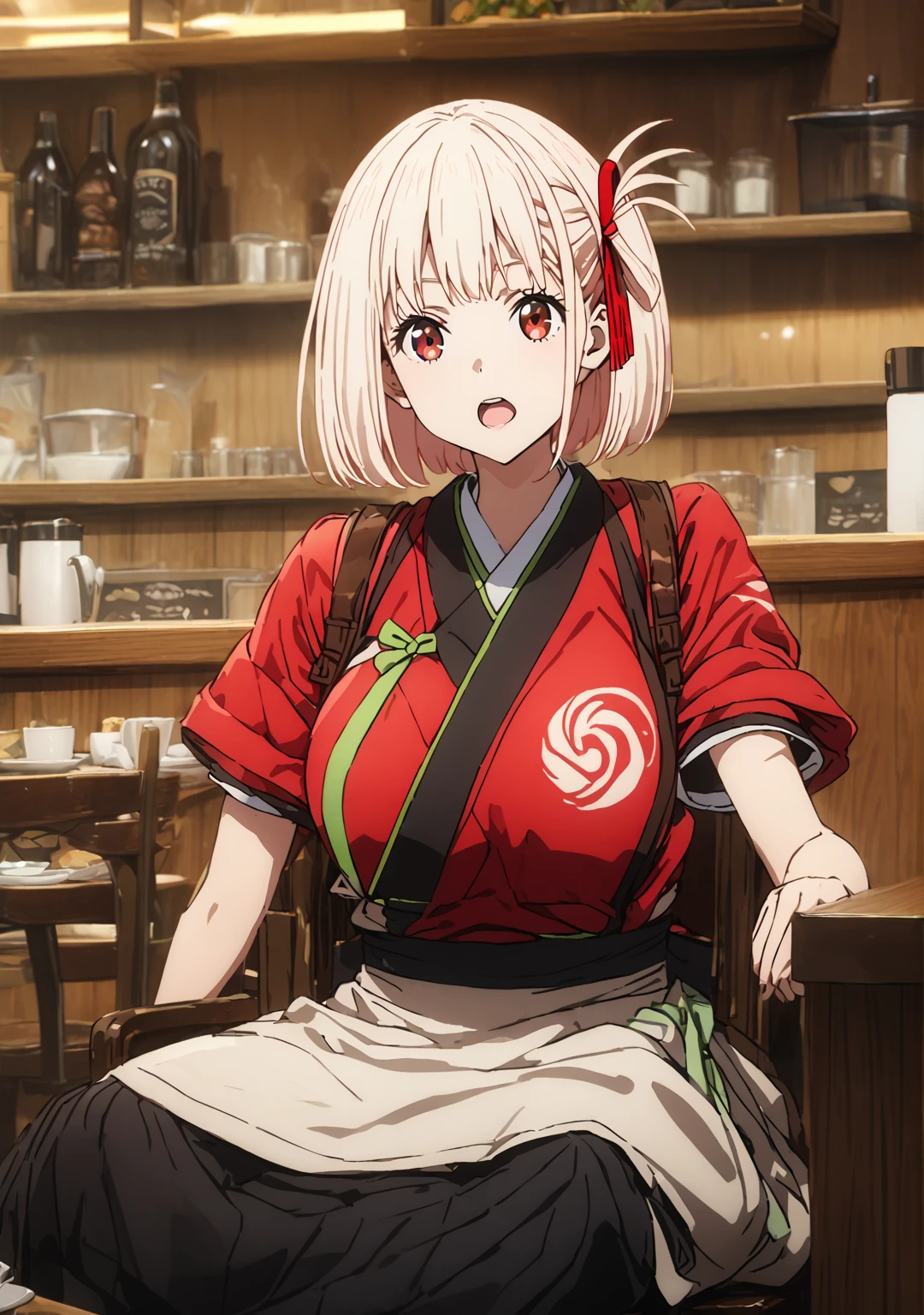 chisato nishikigi, short hair, bangs, blonde hair, red eyes, hair ribbon, one side up, bob cut, large breast, japanese clothes, kimono, apron, red ribbon, waitress, red kimono, open mouth, sitting chair, indian style, cafe, from front, looking viewer, full-body shot, solo, alone, best quality, high quality, ultra-detailed, super detailed, high resoolution, hyper resolution, 8K, detailed background,