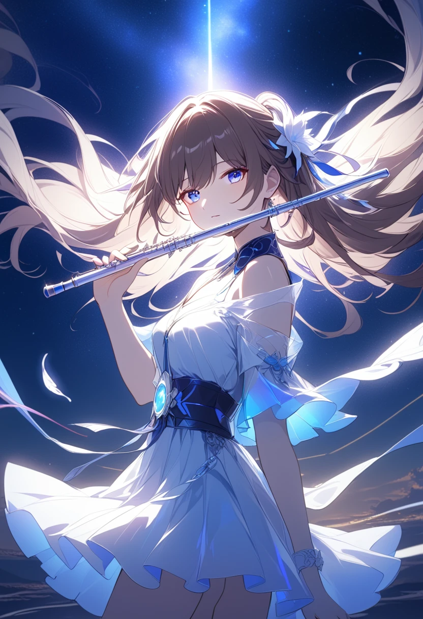  alone ,  Gorgeous digital photo Raw  , ((honkai star rail)) , Full body, 1 girl,  sky white set  , Fine, nighttime,  Power ground starry sky,  brown hair , Purplish blue eyes  ,(( holding a white flute )) , lines of light, sound of music ,Ambient Light