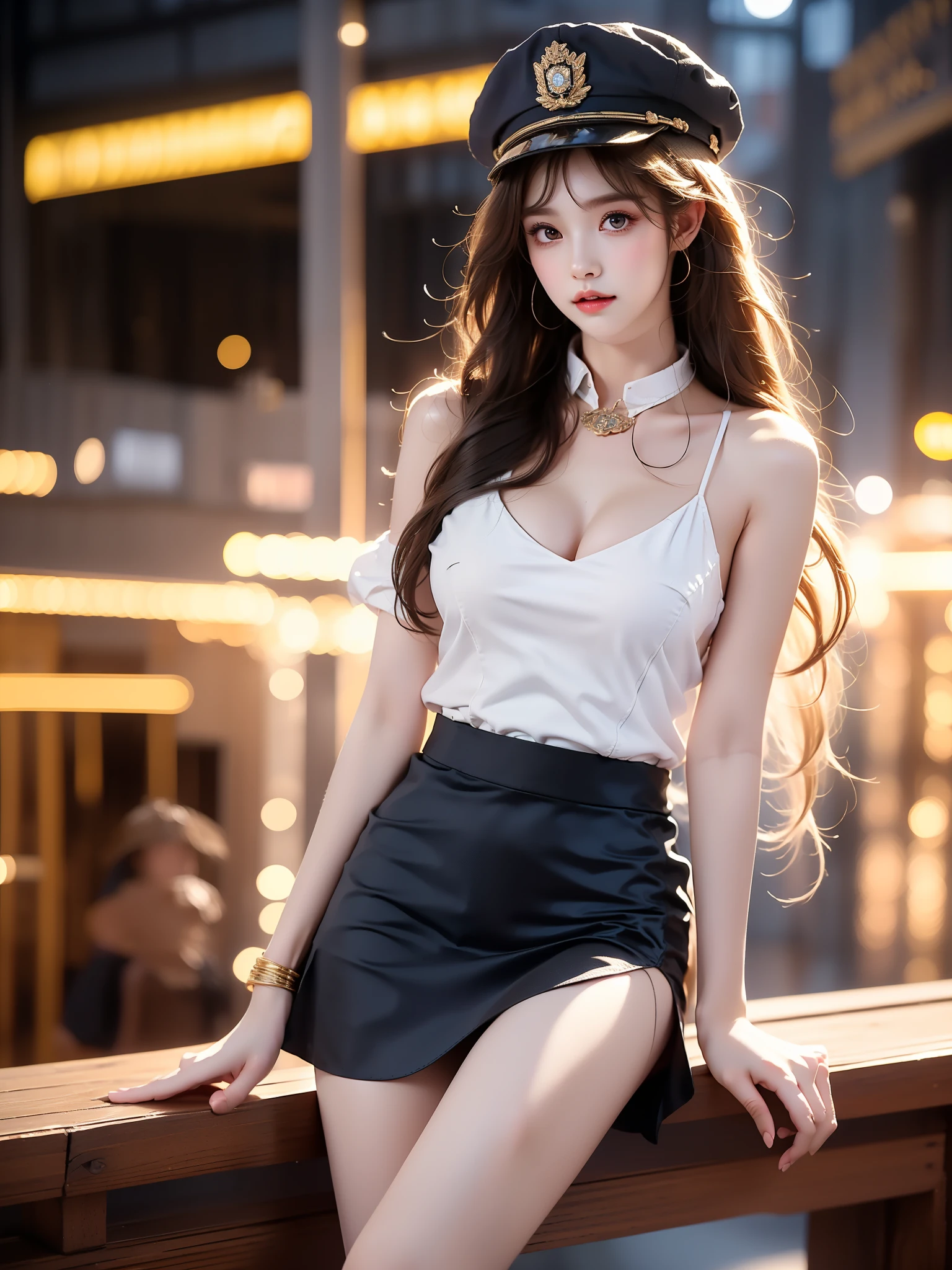 uniform11,police uniform,hat ,((full body)), ((single bare shoulder)), (Asian beauty: 1.3), girl, solo, ((short skirts, miniskirt, very short hemline)), (toned body: 1.2), (naturally large breasts: 1.1), (visible cleavage: 0.8), (smooth flawless skin: 1.2), (perfect anatomical proportions: 1.3), (anatomically correct legs: 1.3), (elegantly long legs: 1.3), 1.1) (a playful girl, one hand running through her long hair, the other lifting her skirt slightly), (detailed features: 1.2), (big bright eyes: 1.1), (long eyelashes: 1.1), charming smile, gentle and confident expression, Head slightly tilted, long flowing hair, (night scene: 1.1), (starry sky: 1.0), (space background: 0.9), (professional soft light: 1.2), (warm tone: 1.1), (Masterpiece: 1.4), (Super Detail: 1.3), (Sharp focus: 1.2), (Realistic: 1.2), (Hi-Fi: 1.1)