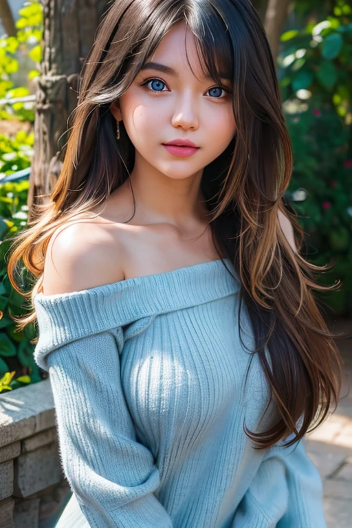 (masterpiece), (hyper-realistic), (detailed features), ((hyper realistic)), (Best quality, 8k, 32k, raw photo, real life, photorealistic, UHD:1.2), 1girl, solo, long hair, breasts, looking at viewer, blush, smile, bangs, blonde hair, large breasts, long sleeves, dress, holding, bare shoulders, closed mouth, green eyes, standing, collarbone, thighs, cowboy shot, outdoors, day, off shoulder, bag, sweater, tree, grass, ribbed sweater, handbag, road, bush, holding bag, sweater dress, off-shoulder sweater, blue sweater, beautiful face, tyndall effect, photorealistic, 8k uhd, dslr, high quality, volumetric lighting, candid, Photograph, high resolution, 4k, 8k, Bokeh, (hyper-realistic girl), (illustration), (high resolution), (extremely detailed), (best illustration), (beautiful detailed eyes), (best quality), (ultra-detailed), (masterpiece), (wallpaper), (photorealistic), (natural light), (rim lighting), (detailed face), (high detailed realistic skin face texture), (anatomically correct), (perfect hands), ((correct fingers)), (heterochromic eyes), (detailed eyes), (sparkling eyes), (dynamic pose), (loose hair:1.35), looking to viewers,Extremely Realistic,