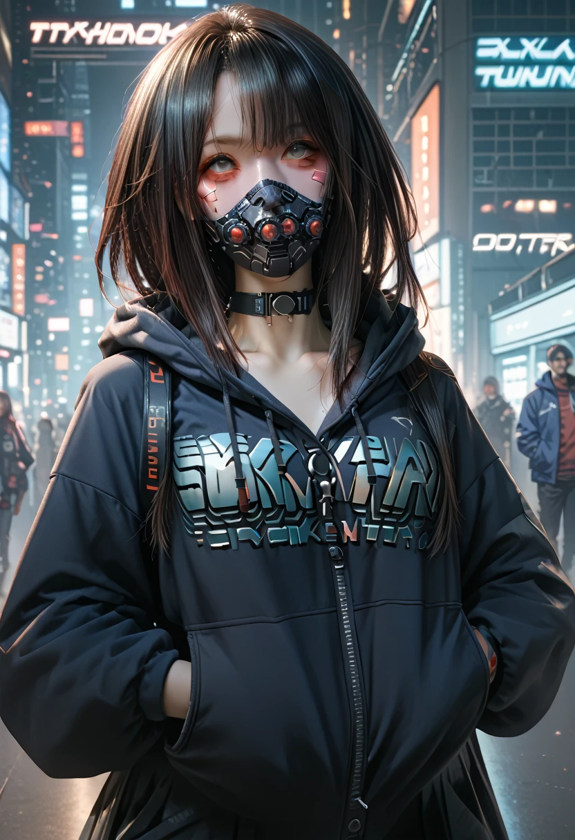 ultra-detailed,highly detailed,best quality,masterpiece,illustration, 
a woman wearing a face mask and a black hoodie standing in front of a, girl wearing hoodie, cyberpunk anime girl in hoodie, wearing netrunner clothing, blue hoodie, black hoodie techie, black haired girl wearing hoodie, cyberpunk streetwear, wearing hoodie, in a hoodie, wearing cyberpunk streetwear, cyberpunk wearing, woman in streetwear, wearing a hoodie, black hoodie, wearing a blue hoodie, hoodie, dressed black hoodie, decorative dark blue clothing, wearing cyberpunk 2 0 7 7 jacket, in a hood