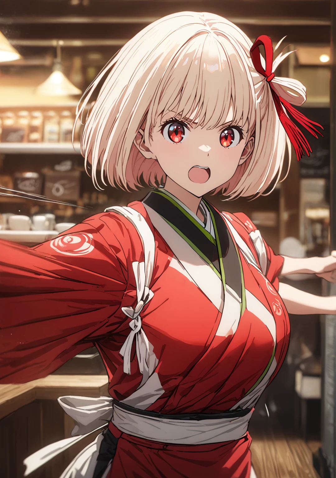 chisato nishikigi, short hair, bangs, blonde hair, red eyes, hair ribbon, one side up, bob cut, large breast, japanese clothes, kimono, apron, red ribbon, waitress, red kimono, open mouth, punching, (panching motion:1.2), cafe, from front, looking viewer, full-body shot, solo, alone, best quality, high quality, ultra-detailed, super detailed, high resoolution, hyper resolution, 8K, detailed background, punching motion line, dynamic motion,