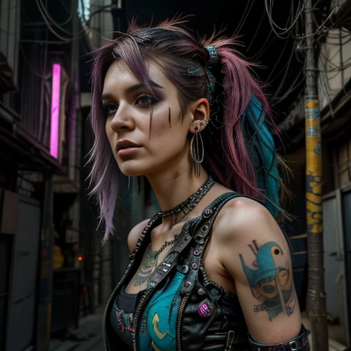 arafed woman with colorful hair and piercings posing for a picture, punk art inspired by Ryan Barger, trending on Artstation, digital art, hyper realistic punk style, the punk girl portrait, beautiful punk girl face, cyberpunk style, hyper realistic, cyberpunk style color, cyberpunk art ultra realistic 8k, beautiful punk woman model, cyberpunk bright colors