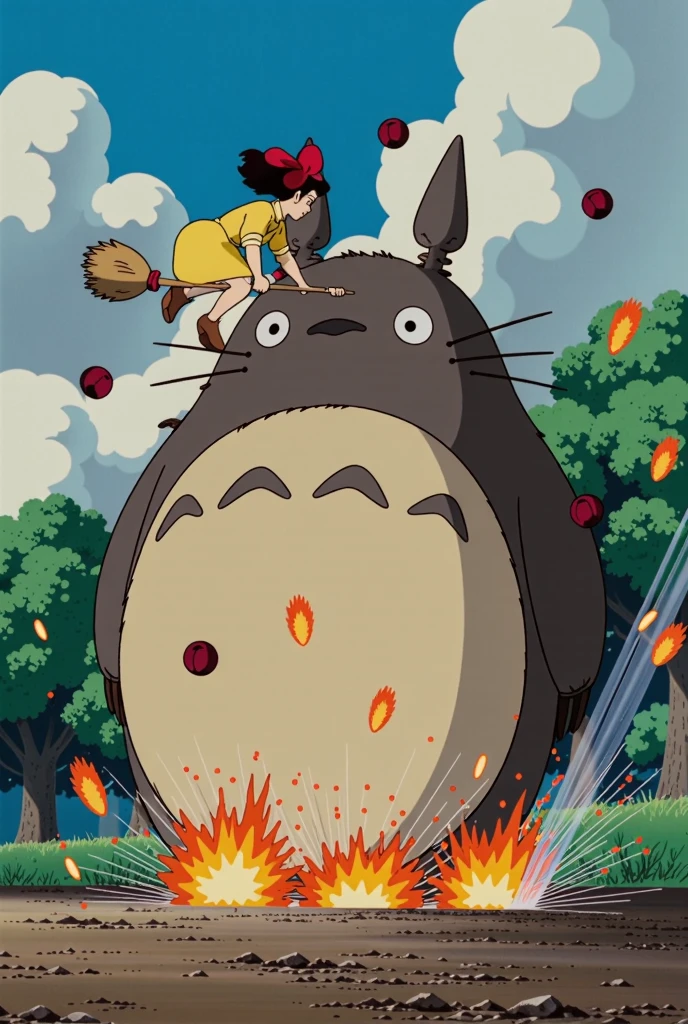 "Illustrate an action-packed scene featuring a black-haired woman named Kiki with a red ribbon in her short hair. She is flying through the air on a magical broomstick, casting down multiple hand grenades in an attack on a massive creature named Totoro. The setting is intense, with explosions erupting all over the ground below. Totoro, standing on the ground with a surprised expression, looks up toward Kiki as chaos surrounds him, with smoke, debris, and bursts of fire illuminating the scene in a humorous, surreal twist. The scene combines fantasy and action in a whimsical yet intense countryside setting."