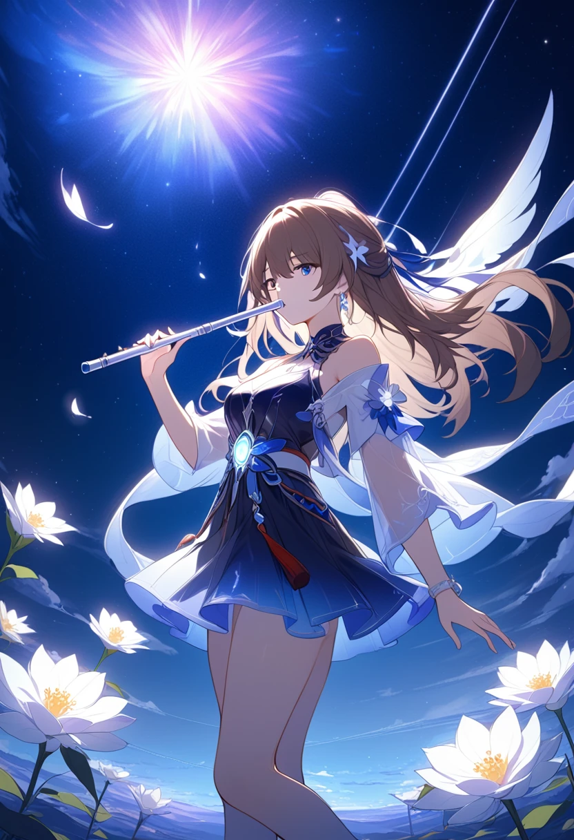 ตามลำพังFull body, Standing on a flower , . Gorgeous digital photo Raw  , ((honkai star rail)) , Full body, 1 girl,  sky white set  , Fine, nighttime, . Power ground, starry sky,  brown hair , Purplish blue eyes  ,(( holding a white flute )) , lines of light, sound of music 