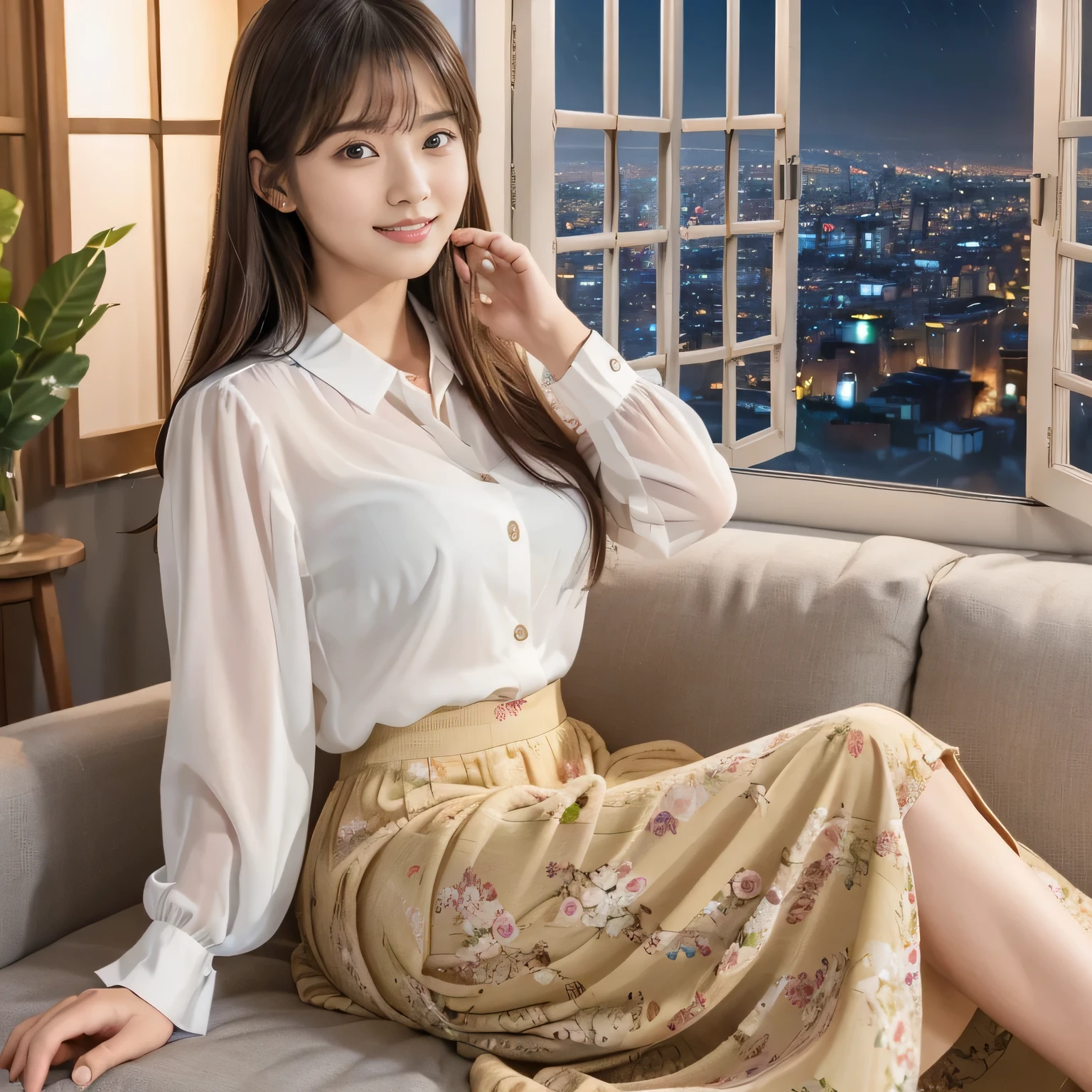 (Calm and gentle expression:1.0), ( Full Body Shot :1.3), (panorama:1.0), Cinema Lighting, ((Best Quality)), ( RAW Photos, Best Quality), ( Realistic:1.4), realism, masterpiece, so delicate and beautiful, very detailed , 4k wallpaper, is amazing, finely, very detailed CG unity 8k wallpaper, very detailed , Kampala, Soft Light , Japanese, (one shot:1.9), (22 years old:1.6), (Round face:1.2), (Fat:0.8), (A very neat woman, A very pure woman:1.5), Beautifully Detailed Woman , Famous Japanese Actresses , Detailed face, finelyて美しい目, very detailed な目と顔, beautiful eyes and beautiful detailed nose , Ultra HD glossy lips, ( straight hair:1.4), shiny hair , Shiny Hair, Brown Hair, (bangs:1.4), toned body, ( smiling:1.4), Glossy and moisturized lips, natural makeup , (LET IT GO, white, office casual, elegant long sleeve chiffon blouse:1.3), (LET IT GO, Small floral pattern, Kinari, flared skirt :1.3), ( long skirt :1.7), Wet Fit Compression One Piece Swimsuit That Accentuates Your Body Lines, ( I'm relaxing in the living room on the upper floor:1.5), (Outside the big large window, the background of the big city at night :1.9),