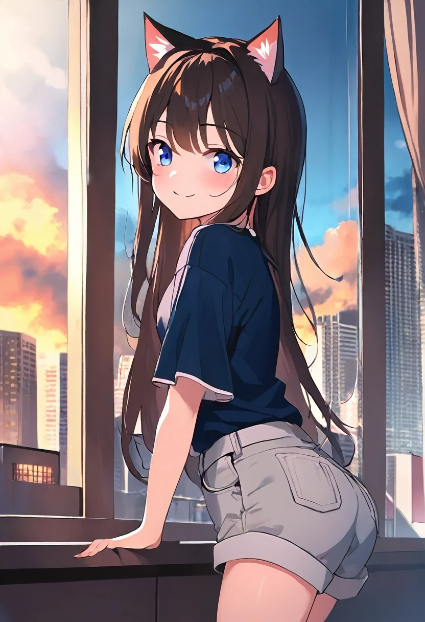 (masterpiece:1.3, of the highest quality, ultra high resolution, Super detailed), (realist:1.1, photorealist:1.4), Beautiful illustrations, perfect lighting, showy, Depth of written limit, 
Beautiful detailed hair, beautifully detailed face, Beautiful fine details, beautiful clavicle, beautiful body, beautiful breasts, beautiful thighs, Beautiful feet, beautiful fingers, 
See your viewers, 1 girl, Japanese, high school girl, perfect face, (perfect anatomy, anatomically correct), Cute and symmetrical face., baby face, Tanned, shiny skin, 
(medium hair:1.5, twin tails:1.2, rubio), asymmetrical bangs, blue eyes, long eyelashes, (medium chest), delgado, 
((Short sleeve collar shirt, light blue shirt, , gray plaid pleated skirt, Marinarlos)), no panties, 
(beautiful views), evening, (exterior, Distant cityscape), They are standing, (peace sign), (Nice smile, look up, open the mouth), (White sperm overflows from vagina.),