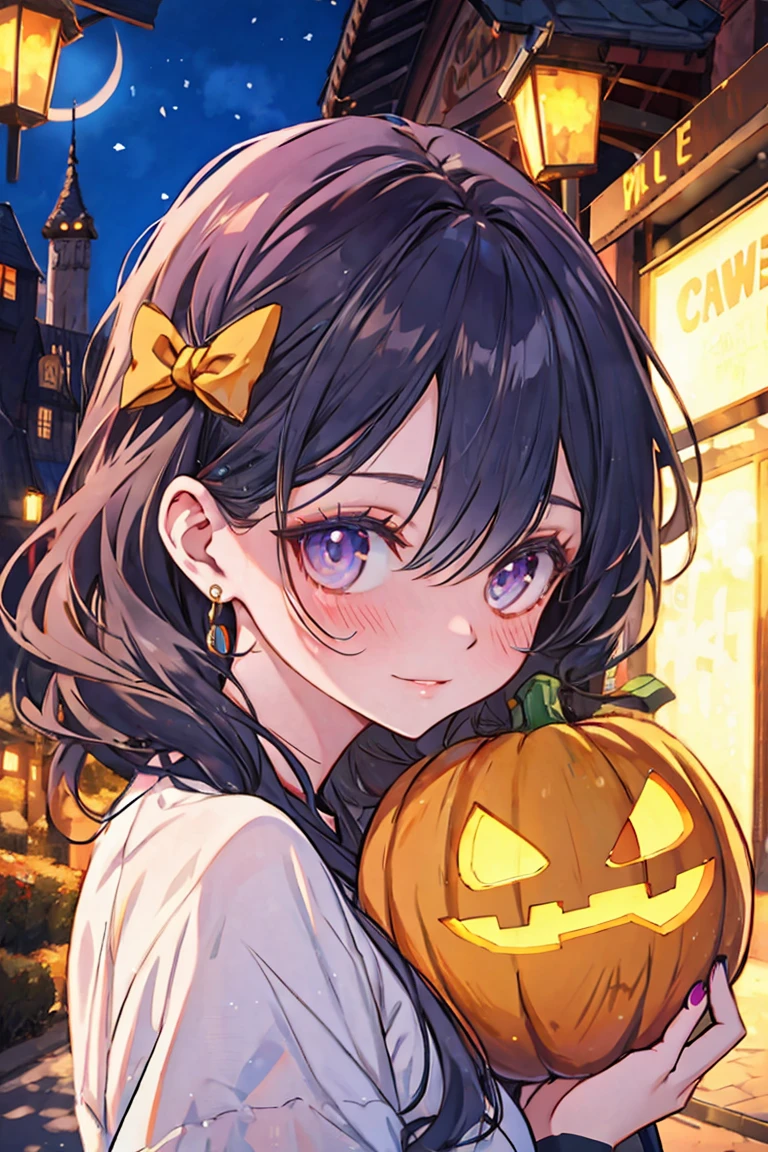 1girl, vampire, beautiful detailed eyes, beautiful detailed lips, extremely detailed face, long eyelashes, pumpkin basket, full of candies, halloween street, portrait, anime style, cute, clean detailed anime art, smiling