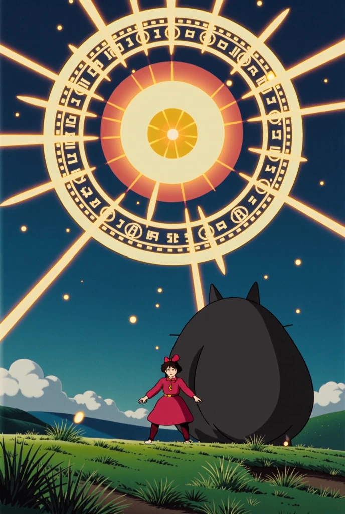 "Create a dynamic fantasy scene where a short-haired, black-haired woman named Kiki, wearing a red ribbon, is challenging a large beast named Totoro. Kiki is casting a powerful spell, summoning a massive, floating magic circle in the air. Magical energy and complex symbols radiate from the circle, unleashing an attack aimed directly at Totoro. The beams of magical light are intense and vibrant, illuminating the battlefield. Totoro, caught off guard, reacts with surprise as mystical energy strikes him. The background is an enchanted countryside, blending a whimsical yet intense atmosphere."






