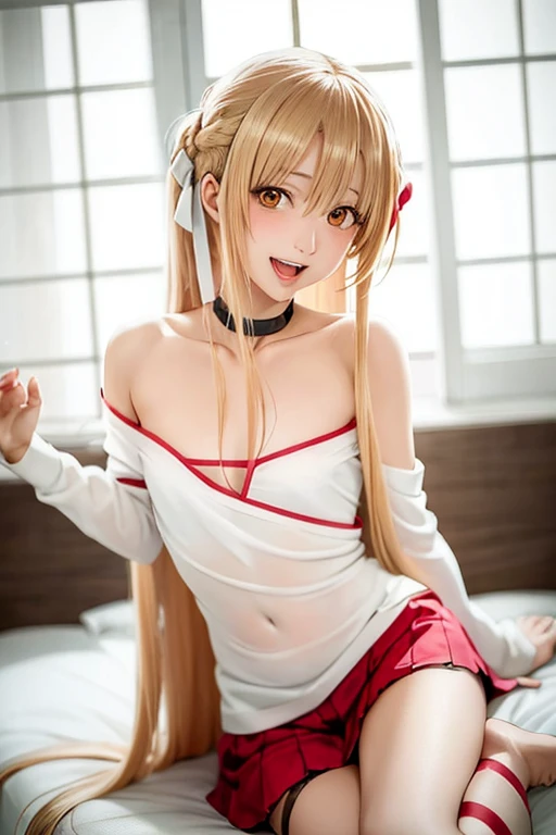 ((Best Quality)), ((masterpiece)), (be familiar with),  perfect face, indoor, bedroom,  watching viewers ,
One woman, Yuuki Asuna,
 open mouth , Ecstatic expression, blush, smile,
Small breasts,  flat chest, , ,  kids, Girl,
Long Hair,  long hair,
Leg spread,