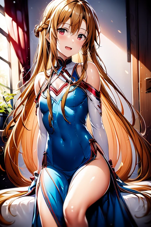 ((Best Quality)), ((masterpiece)), (be familiar with),  perfect face, indoor, bedroom,  watching viewers ,
One woman, Yuuki Asuna,
 open mouth , Ecstatic expression, blush, smile,
Small breasts,  flat chest, , ,  kids, Girl,
Long Hair,  long hair,
Leg spread,