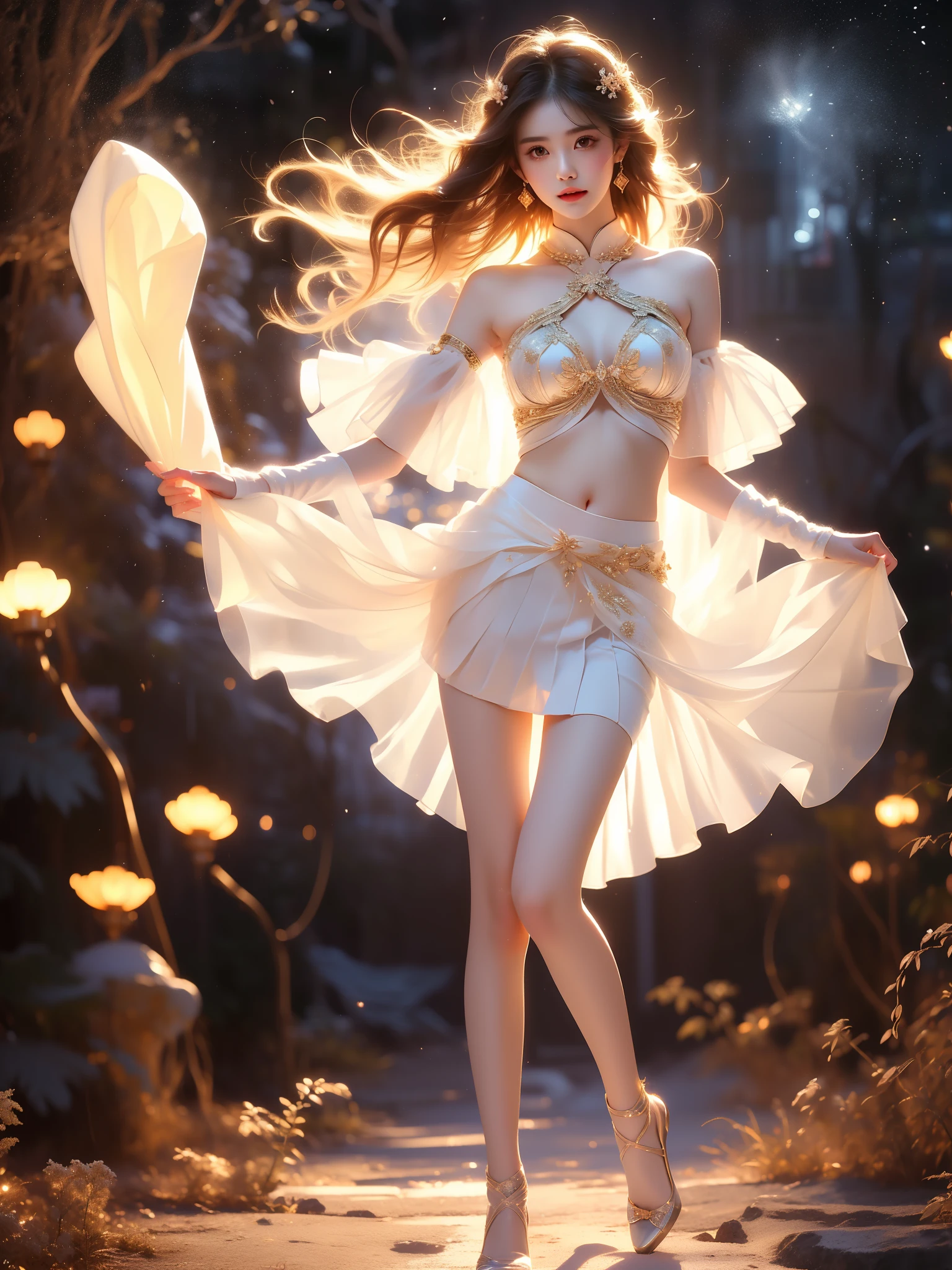yuicere
midriff
white_skirt ,((full body)), ((single bare shoulder)), (Asian beauty: 1.3), girl, solo, ((short skirts, miniskirt, very short hemline)), (toned body: 1.2), (naturally large breasts: 1.1), (visible cleavage: 0.8), (smooth flawless skin: 1.2), (perfect anatomical proportions: 1.3), (anatomically correct legs: 1.3), (elegantly long legs: 1.3), 1.1) (a playful girl, one hand running through her long hair, the other lifting her skirt slightly), (detailed features: 1.2), (big bright eyes: 1.1), (long eyelashes: 1.1), charming smile, gentle and confident expression, Head slightly tilted, long flowing hair, (night scene: 1.1), (starry sky: 1.0), (space background: 0.9), (professional soft light: 1.2), (warm tone: 1.1), (Masterpiece: 1.4), (Super Detail: 1.3), (Sharp focus: 1.2), (Realistic: 1.2), (Hi-Fi: 1.1)