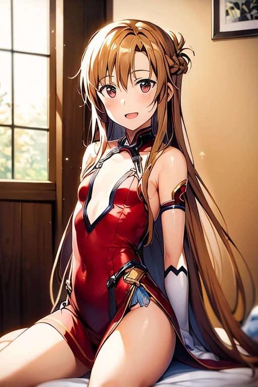 ((Best Quality)), ((masterpiece)), (be familiar with),  perfect face, indoor, bedroom,  watching viewers ,
One woman, Yuuki Asuna,
 open mouth , Ecstatic expression, blush, smile,
Small breasts,  flat chest, , ,  kids, Girl,
Long Hair,  long hair,
Leg spread,