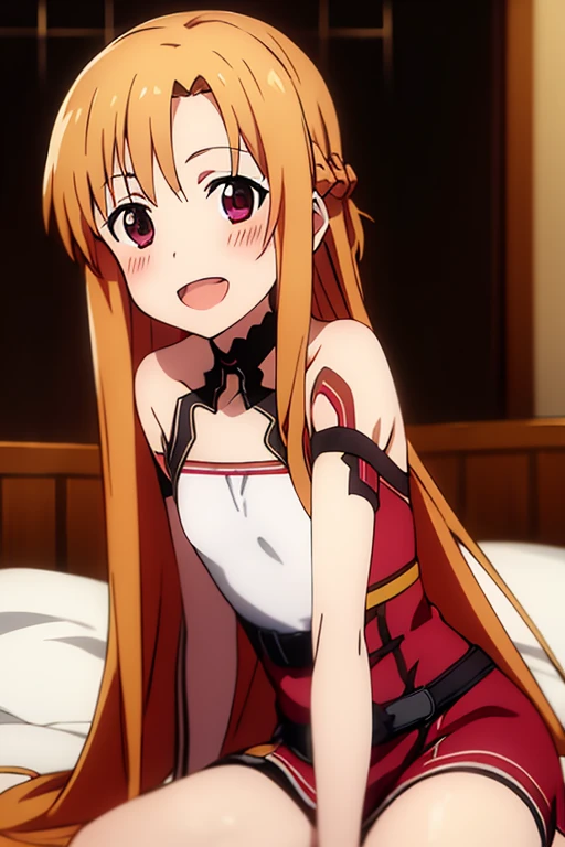 ((Best Quality)), ((masterpiece)), (be familiar with),  perfect face, indoor, bedroom,  watching viewers ,
One woman, Yuuki Asuna,
 open mouth , Ecstatic expression, blush, smile,
Small breasts,  flat chest, , ,  kids, Girl,
Long Hair,  long hair,
Leg spread,