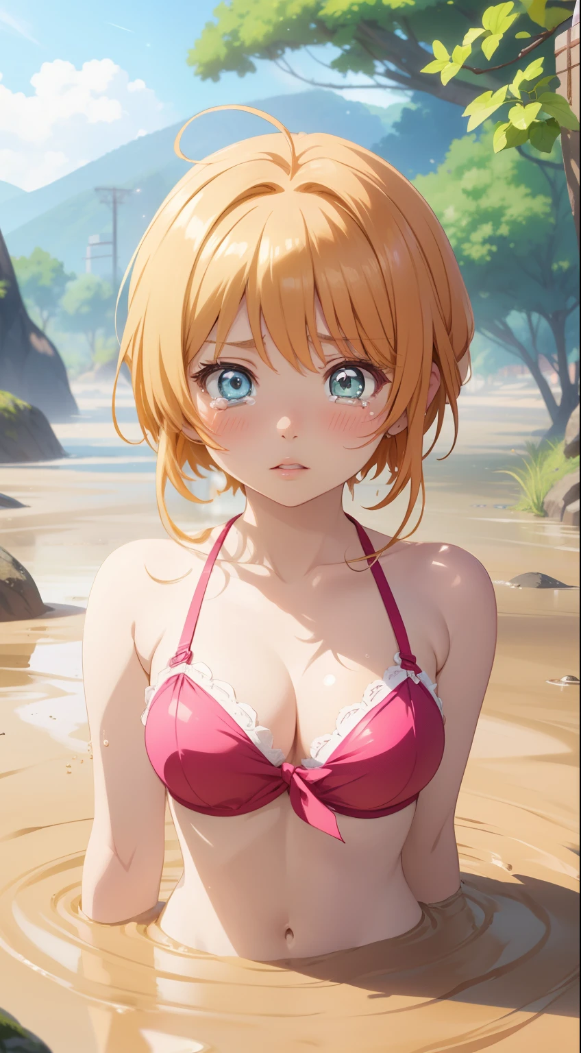 One Woman, Highest quality, masterpiece, Super Resolution, Large Breasts, Idol, Beauty, ((From the front 1.2)), Cleavage, 8k, High resolution eyes, High-resolution contours, ((Forehead visible 1.3)), Stylish, High-resolution pupils, blush, High resolution face, High resolution breasts, Ultra HD, Open your mouth, Upper Body, High resolution mouth, body, ((Cool face 1.5)), ((Hanging 1.3)), short hair, Broken bangs, Blonde, Yellow Eyes, model, Mature Woman, Adulen, Beautiful clavicle, High resolution hair, Mother, maternal, White micro bikini, Underboob, Sideboob, Beach, See-through bikini, Super erect nipples,
