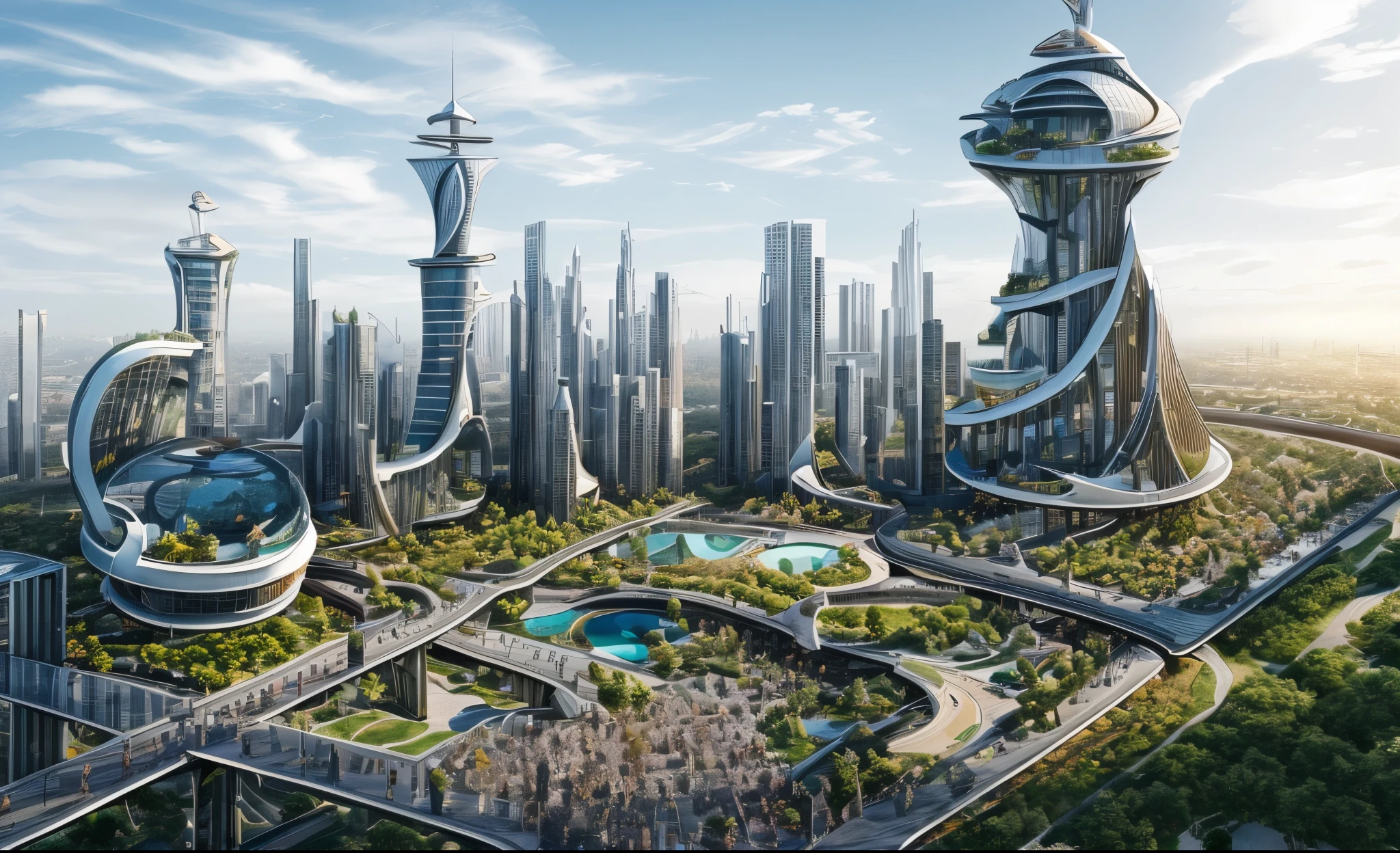 city plan, roads, parks, cars, amazing huge buildings , big towers, small pools, trees, blue sky