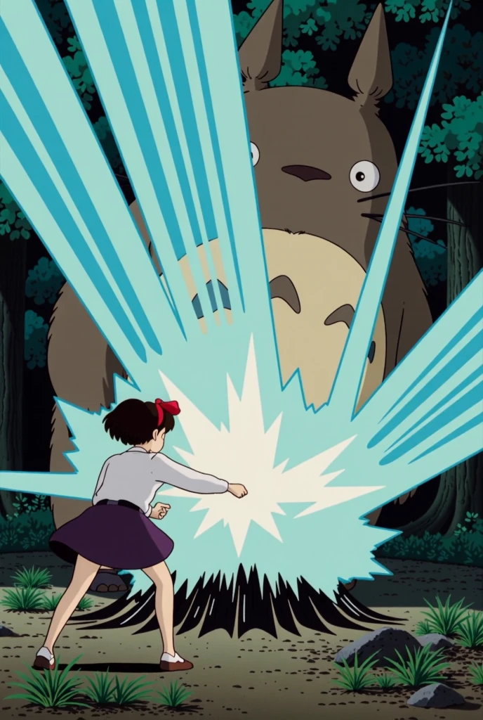 A dynamic battle scene where a young woman named Kiki, with short black hair and a red ribbon, faces off against a large beast named Totoro. Kiki is in an intense fighting stance, unleashing a powerful energy wave from her hands, similar to a ‘Kamehameha’ beam. The energy wave radiates with bright blue and white hues, cutting through the air toward Totoro with immense force. Totoro stands braced, ready to counter the attack in a defensive stance. The setting is a peaceful, natural forest, contrasting with the high-energy combat scene, and debris flies as the energy beam lights up the surrounding area