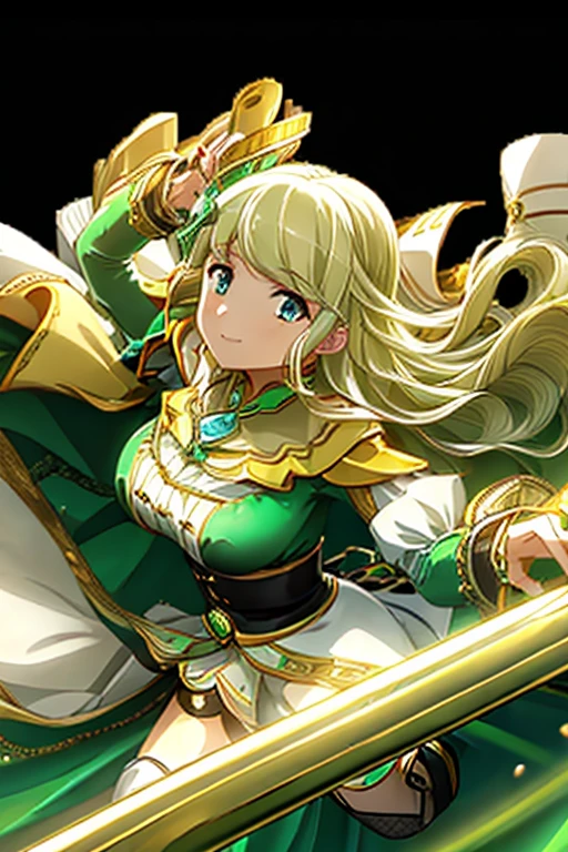 ((Best Quality)), ((masterpiece)), ( Details),  1 Girl, Light blonde, Emerald Green_eye, smile, Sister, chest, Big Breasts, Costume_Satono diamond style. background_temple, A dynamic pose