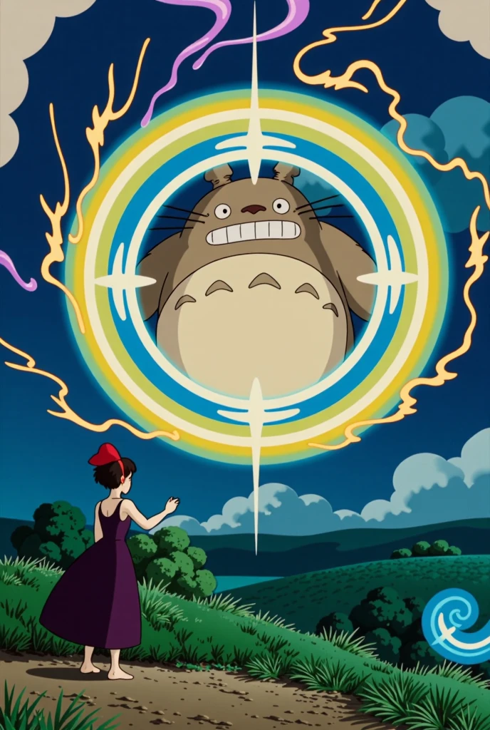 "Create a dynamic fantasy scene where a short-haired, black-haired woman named Kiki, wearing a red ribbon and black dress, is challenging a large beast named Totoro. Kiki is casting a powerful spell, summoning a massive, floating magic circle in the air. Magical energy and complex symbols radiate from the circle, unleashing an attack aimed directly at Totoro. The beams of magical light are intense and vibrant, illuminating the battlefield. Totoro, caught off guard, reacts with surprise as mystical energy strikes him. The background is an enchanted countryside, blending a whimsical yet intense atmosphere." kiki front totoro




