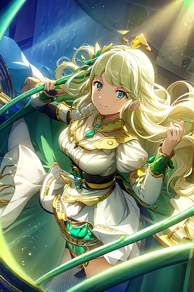 ((Best Quality)), ((masterpiece)), ( Details),  1 Girl, Light blonde, Emerald Green_eye, smile, Sister, chest, Big Breasts, Costume_Satono diamond style. background_temple, A dynamic pose