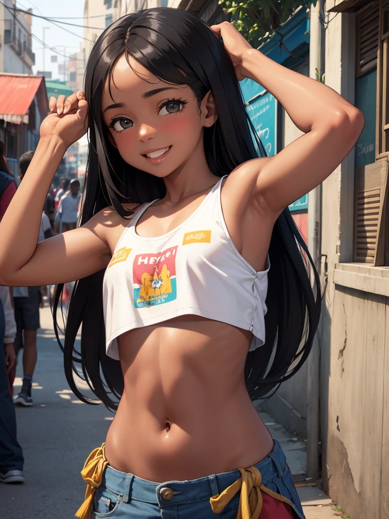 ((Realistic lighting, Best quality, 8K, Masterpiece: 1.3)), ((Clear focus: 1.2)), 1 girl, ((Perfect Figure: 1.4)), ((Slim Abs: 1.1)), See through, tight clothing, ((african, dark skin, tanned brunette girl, wavy hair)), (panties: 1.4), (Yellow crop top: 1.4), (Outdoor, Night: 1.1), City streets, Super fine face, Fine eyes, Double eyelids,