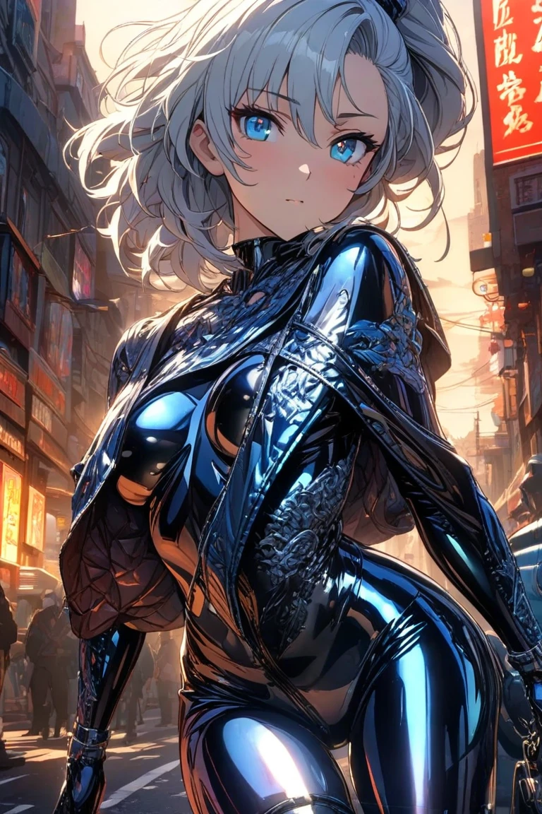  animated series pictures show a silver-haired blue-eyed female warrior., 8K, 超HD,  super detailed, HD,( well-designed face ), Amazing face, (  super detailed  ),  beautiful eyes,  soft lighting,, Outdoors, street,, 漆里, in lacquer ,,   detailed and beautiful eyes in the 1980s  ,Mechanical parts, Asymmetrical Hairstyle,Thigh socks, Latex suit,Lysis,