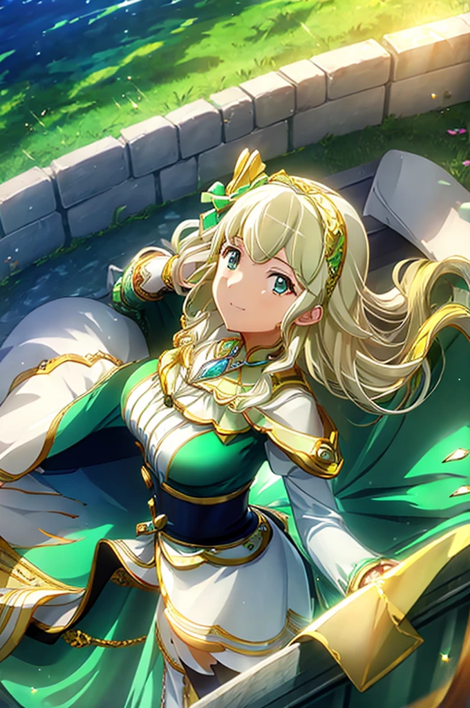 ((Best Quality)), ((masterpiece)), ( Details),  1 Girl, Light blonde, Emerald Green_eye, smile, Sister, chest, Big Breasts, Costume_Satono diamond style. background_temple