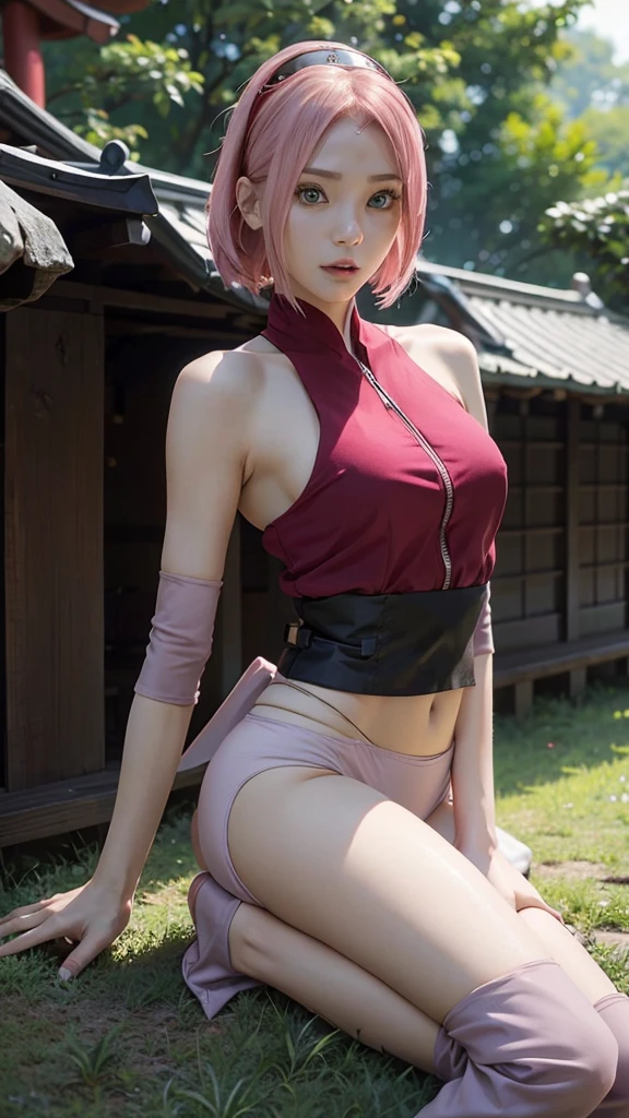 Sakura Haruno, Sakura Haruno, heroine of the anime Naruto, masterpiece, super high resolution, super high definition, sideways, look closer to the viewer, blue eyes, inclusiveness, gentle smile, thigh tattoo