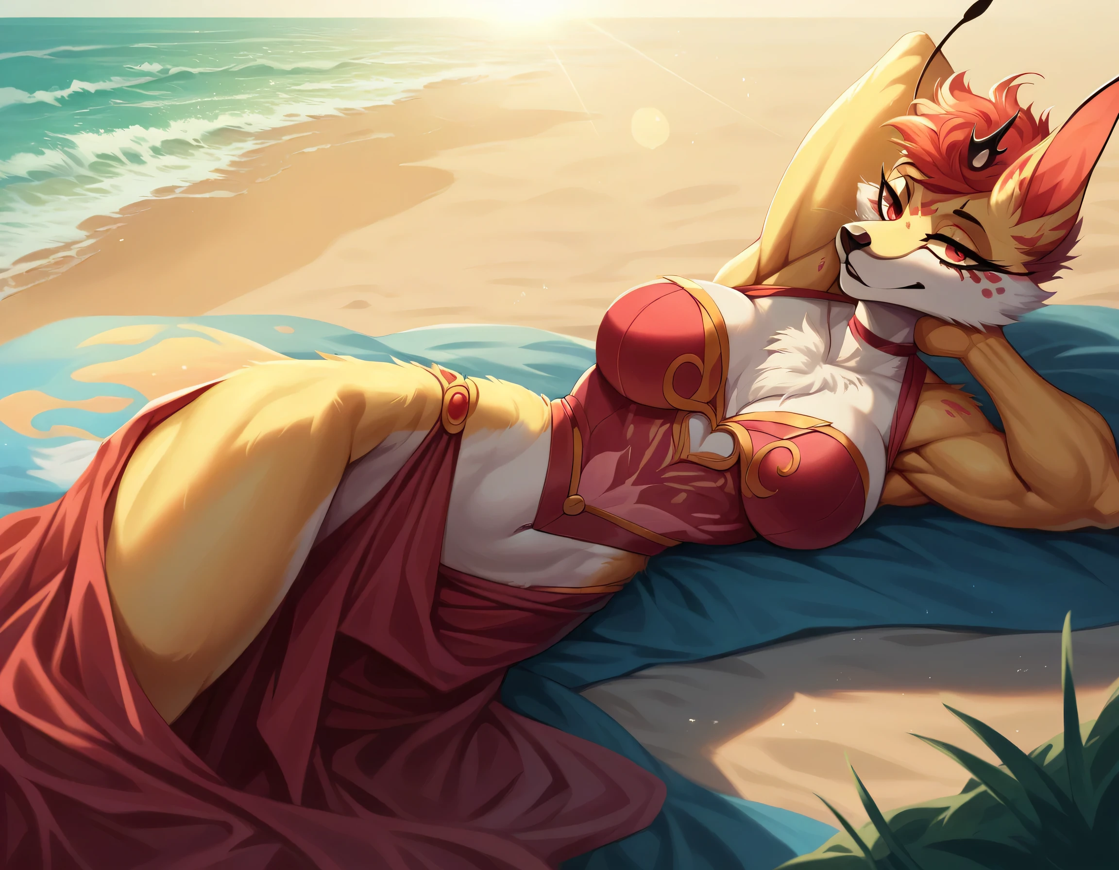 A beautiful furry woman Queen Beelzebub, sunbathing on the beach, serene ocean waves in the background, golden sunlight, detailed facial features, intricate fur textures, 8k, highly detailed, cinematic lighting, warm color tones, natural environment, muscle definition, elegant pose,