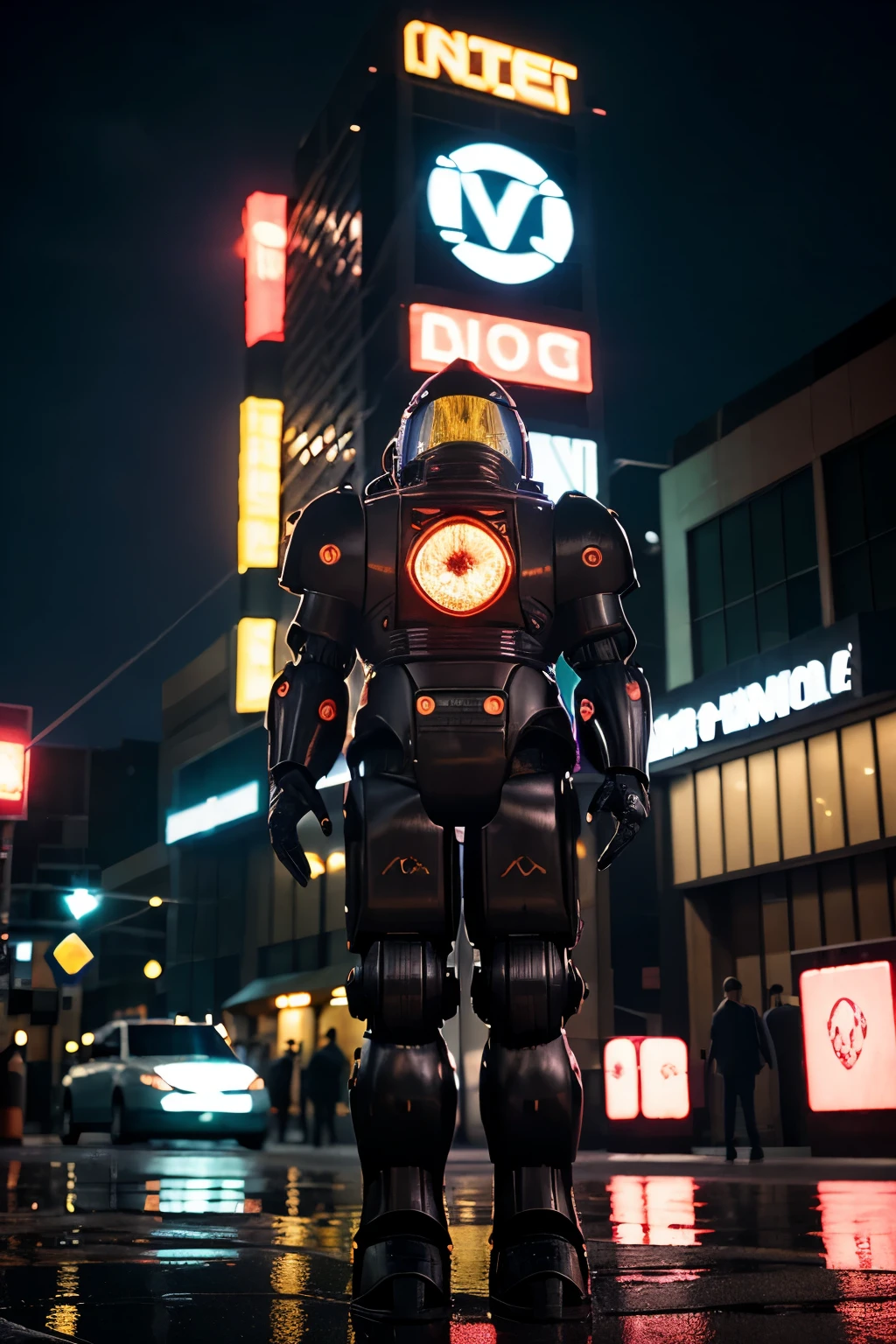 A striking cyberpunk-style photograph features a large, metallic robot centered in the frame on an urban street at dusk or dawn. The robot, reminiscent of retro-futuristic designs, stands tall with its head encased in a dome-like structure glowing with vibrant purple neon lights. The dome is framed by pink accents and circular antennas extending from either side. Its body showcases intricate details, including four bright orange circular lights visible through a rectangular panel on its chest, flanked by pink accent lights and blue grid-like patterns. The robot's arms extend outward, ending in gun-like appendages, while its segmented legs are composed of smooth, rounded segments. The entire robot is rendered in dark gray metal with shiny, reflective surfaces that catch the ambient light. The foreground showcases a wet asphalt road reflecting vivid colors from the robot and surrounding city lights, creating a central yellow line that draws attention upwards. Pink and cyan light trails from moving vehicles streak across the scene, adding dynamic elements to the composition. The background consists of tall buildings with illuminated windows, predominantly displaying warm amber tones interspersed with cool teal hues. Streetlights and other artificial lights contribute to the high-contrast, saturated environment. A vertical white sign with black text reading 'I' is partially visible on the right side. The sky transitions from deep navy blue to a gradient of orange near the horizon, indicating twilight or early evening. The overall mood is futuristic, mysterious, and slightly ominous, enhanced by the low-key lighting and high contrast between the illuminated robot and the darker surroundings.