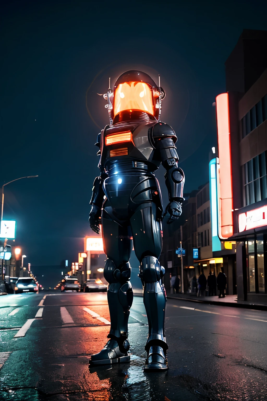 A striking cyberpunk-style photograph features a large, metallic robot centered in the frame on an urban street at dusk or dawn. The robot, reminiscent of retro-futuristic designs, stands tall with its head encased in a dome-like structure glowing with vibrant purple neon lights. The dome is framed by pink accents and circular antennas extending from either side. Its body showcases intricate details, including four bright orange circular lights visible through a rectangular panel on its chest, flanked by pink accent lights and blue grid-like patterns. The robot's arms extend outward, ending in gun-like appendages, while its segmented legs are composed of smooth, rounded segments. The entire robot is rendered in dark gray metal with shiny, reflective surfaces that catch the ambient light. The foreground showcases a wet asphalt road reflecting vivid colors from the robot and surrounding city lights, creating a central yellow line that draws attention upwards. Pink and cyan light trails from moving vehicles streak across the scene, adding dynamic elements to the composition. The background consists of tall buildings with illuminated windows, predominantly displaying warm amber tones interspersed with cool teal hues. Streetlights and other artificial lights contribute to the high-contrast, saturated environment. A vertical white sign with black text reading 'I' is partially visible on the right side. The sky transitions from deep navy blue to a gradient of orange near the horizon, indicating twilight or early evening. The overall mood is futuristic, mysterious, and slightly ominous, enhanced by the low-key lighting and high contrast between the illuminated robot and the darker surroundings.