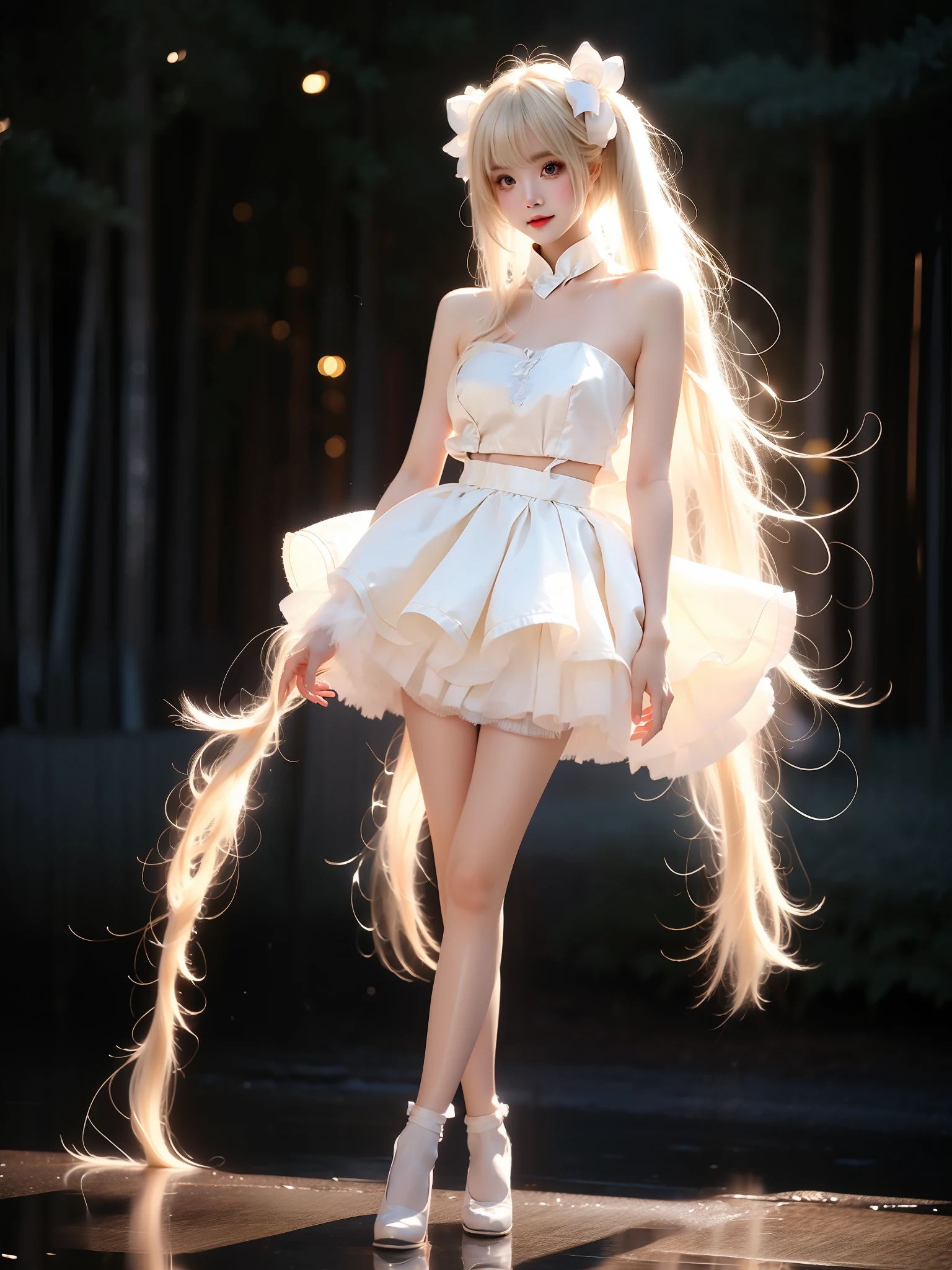 kasugano sora
long white hair
twintails
hair ribbon
hair ornament ,((full body)), ((single bare shoulder)), (Asian beauty: 1.3), girl, solo, ((short skirts, miniskirt, very short hemline)), (toned body: 1.2), (naturally large breasts: 1.1), (visible cleavage: 0.8), (smooth flawless skin: 1.2), (perfect anatomical proportions: 1.3), (anatomically correct legs: 1.3), (elegantly long legs: 1.3), 1.1) (a playful girl, one hand running through her long hair, the other lifting her skirt slightly), (detailed features: 1.2), (big bright eyes: 1.1), (long eyelashes: 1.1), charming smile, gentle and confident expression, Head slightly tilted, long flowing hair, (night scene: 1.1), (starry sky: 1.0), (space background: 0.9), (professional soft light: 1.2), (warm tone: 1.1), (Masterpiece: 1.4), (Super Detail: 1.3), (Sharp focus: 1.2), (Realistic: 1.2), (Hi-Fi: 1.1)