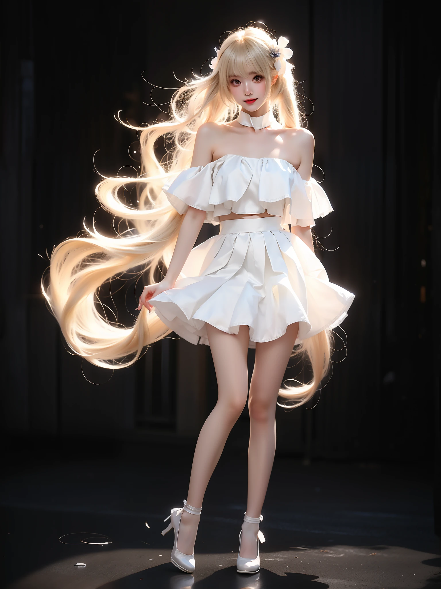 kasugano sora
long white hair
twintails
hair ribbon
hair ornament ,((full body)), ((single bare shoulder)), (Asian beauty: 1.3), girl, solo, ((short skirts, miniskirt, very short hemline)), (toned body: 1.2), (naturally large breasts: 1.1), (visible cleavage: 0.8), (smooth flawless skin: 1.2), (perfect anatomical proportions: 1.3), (anatomically correct legs: 1.3), (elegantly long legs: 1.3), 1.1) (a playful girl, one hand running through her long hair, the other lifting her skirt slightly), (detailed features: 1.2), (big bright eyes: 1.1), (long eyelashes: 1.1), charming smile, gentle and confident expression, Head slightly tilted, long flowing hair, (night scene: 1.1), (starry sky: 1.0), (space background: 0.9), (professional soft light: 1.2), (warm tone: 1.1), (Masterpiece: 1.4), (Super Detail: 1.3), (Sharp focus: 1.2), (Realistic: 1.2), (Hi-Fi: 1.1)