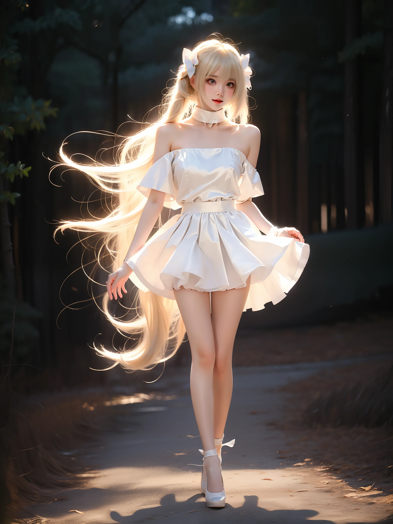 kasugano sora
long white hair
twintails
hair ribbon
hair ornament ,((full body)), ((single bare shoulder)), (Asian beauty: 1.3), girl, solo, ((short skirts, miniskirt, very short hemline)), (toned body: 1.2), (naturally large breasts: 1.1), (visible cleavage: 0.8), (smooth flawless skin: 1.2), (perfect anatomical proportions: 1.3), (anatomically correct legs: 1.3), (elegantly long legs: 1.3), 1.1) (a playful girl, one hand running through her long hair, the other lifting her skirt slightly), (detailed features: 1.2), (big bright eyes: 1.1), (long eyelashes: 1.1), charming smile, gentle and confident expression, Head slightly tilted, long flowing hair, (night scene: 1.1), (starry sky: 1.0), (space background: 0.9), (professional soft light: 1.2), (warm tone: 1.1), (Masterpiece: 1.4), (Super Detail: 1.3), (Sharp focus: 1.2), (Realistic: 1.2), (Hi-Fi: 1.1)