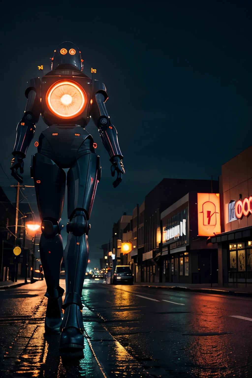 A striking cyberpunk-style photograph features a large, metallic robot centered in the frame on an urban street at dusk or dawn. The robot, reminiscent of retro-futuristic designs, stands tall with its head encased in a dome-like structure glowing with vibrant purple neon lights. The dome is framed by pink accents and circular antennas extending from either side. Its body showcases intricate details, including four bright orange circular lights visible through a rectangular panel on its chest, flanked by pink accent lights and blue grid-like patterns. The robot's arms extend outward, ending in gun-like appendages, while its segmented legs are composed of smooth, rounded segments. The entire robot is rendered in dark gray metal with shiny, reflective surfaces that catch the ambient light. The foreground showcases a wet asphalt road reflecting vivid colors from the robot and surrounding city lights, creating a central yellow line that draws attention upwards. Pink and cyan light trails from moving vehicles streak across the scene, adding dynamic elements to the composition. The background consists of tall buildings with illuminated windows, predominantly displaying warm amber tones interspersed with cool teal hues. Streetlights and other artificial lights contribute to the high-contrast, saturated environment. A vertical white sign with black text reading 'I' is partially visible on the right side. The sky transitions from deep navy blue to a gradient of orange near the horizon, indicating twilight or early evening. The overall mood is futuristic, mysterious, and slightly ominous, enhanced by the low-key lighting and high contrast between the illuminated robot and the darker surroundings.