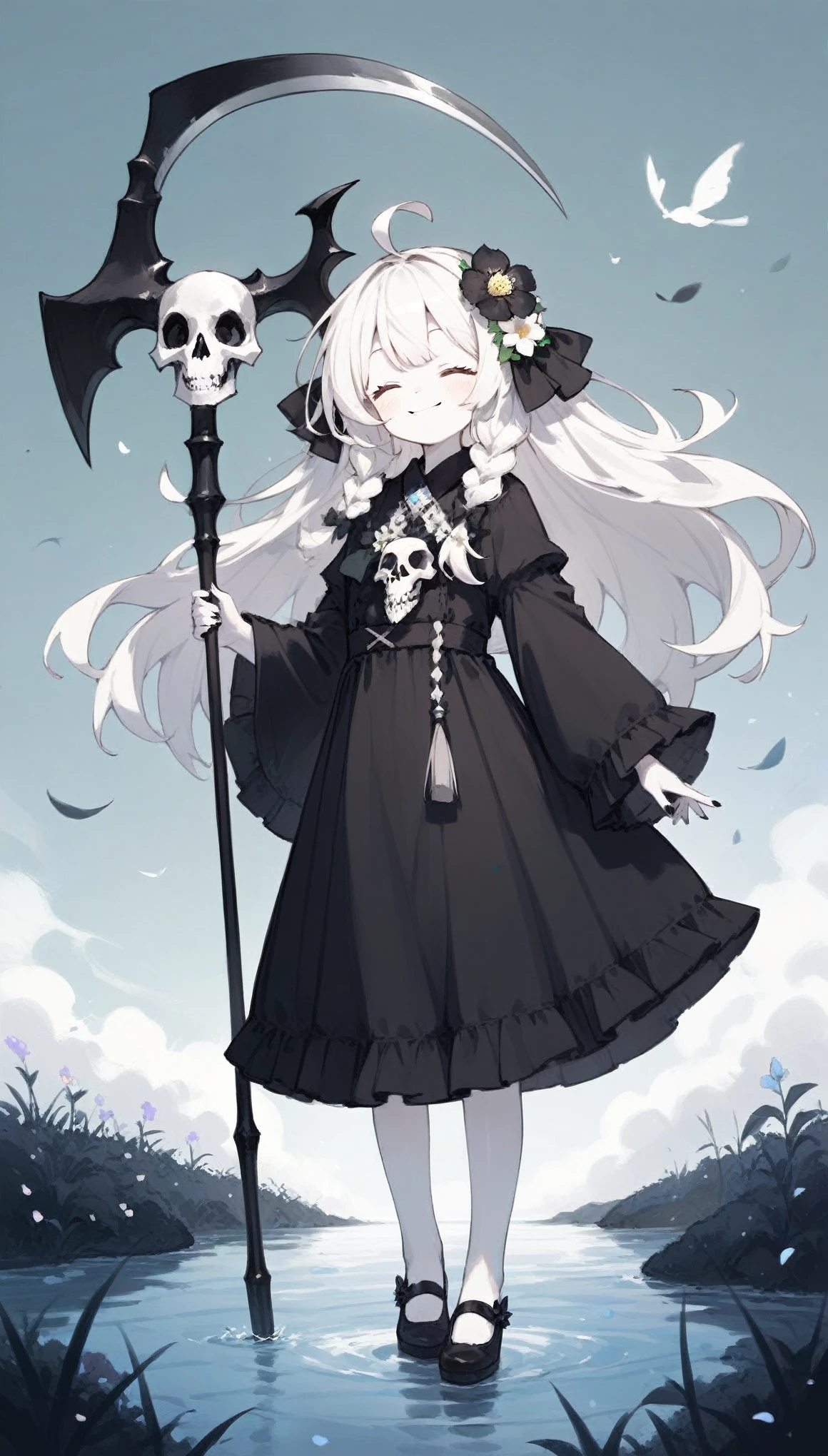 solo,1girl\(cute,kawaii,age of 10,hair color white,braid hair,messy hair,eye color dark,eyes closed smile,white skin,big smile,enjoy,full body,wearing Grim Reaper's black Robe,holding scythe and skull,skip,flower hair ornament,white hair\),background\(black sky,withered flowers all over the ground,a thick red water\).score_9, score_8_up, score_7_up, score_6_up, score_5_up, score_4_up, source_anime,source_furry,rating_safe,rating_questionable,masterpiece, best quality, perfect anatomy , very aesthetic , absurdres,QIEMANCN