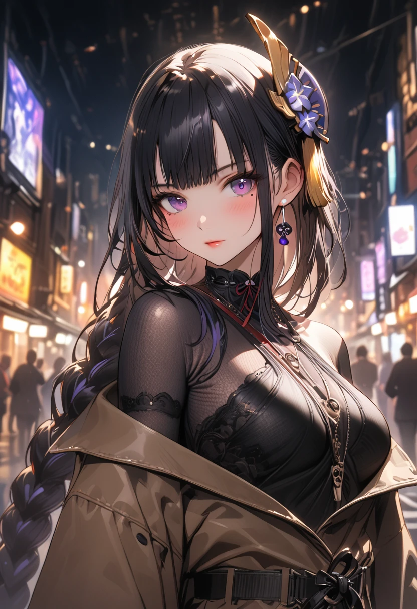 a girl , long sleeves striped turtleneck, brown short coat, off-the-shoulder, black high waist belt, pleated skirt, high top canvas shoes, white socks, beautiful detailed eyes, beautiful detailed lips, extremely detailed eyes and face, long eyelashes, intricate, elegant, fashion style, (best quality, 4k, 8k, highres, masterpiece:1.2), ultra-detailed,HDR, UHD, studio lighting, ultra-fine painting, sharp focus, physically-based rendering, extreme detail description, professional, vivid colors, bokeh, cinematic lighting, warm color tone, city, street, whole body, city background, raiden shogun, braid, braided ponytail, hair flower, hair ornament, long hair, mole, mole under eye, purple eyes, purple flower, purple hair, single braid, sidelocks,