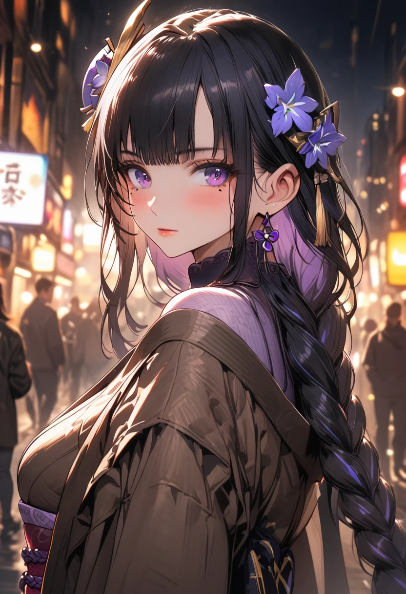 a girl , long sleeves striped turtleneck, brown short coat, off-the-shoulder, black high waist belt, pleated skirt, high top canvas shoes, white socks, beautiful detailed eyes, beautiful detailed lips, extremely detailed eyes and face, long eyelashes, intricate, elegant, fashion style, (best quality, 4k, 8k, highres, masterpiece:1.2), ultra-detailed,HDR, UHD, studio lighting, ultra-fine painting, sharp focus, physically-based rendering, extreme detail description, professional, vivid colors, bokeh, cinematic lighting, warm color tone, city, street, whole body, city background, raiden shogun, braid, braided ponytail, hair flower, hair ornament, long hair, mole, mole under eye, purple eyes, purple flower, purple hair, single braid, sidelocks,