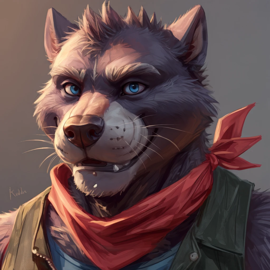 Amicus, solo,  (soft shading), 4k, hi res, (detailed face), detailed eyes, detailed, (smile), adult, mature male, portrait, close-up, shirt, vest, neckerchief,  simple background, otter, (upper body),