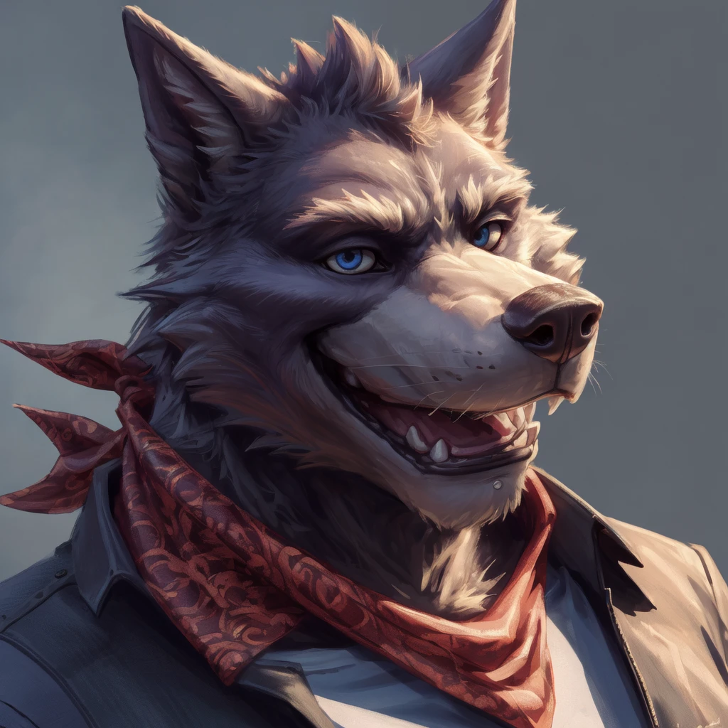 Amicus, solo,  (soft shading), 4k, hi res, (detailed face), detailed eyes, detailed, (smile), adult, mature male, portrait, close-up, shirt, vest, neckerchief,  simple background, wolf, (upper body),