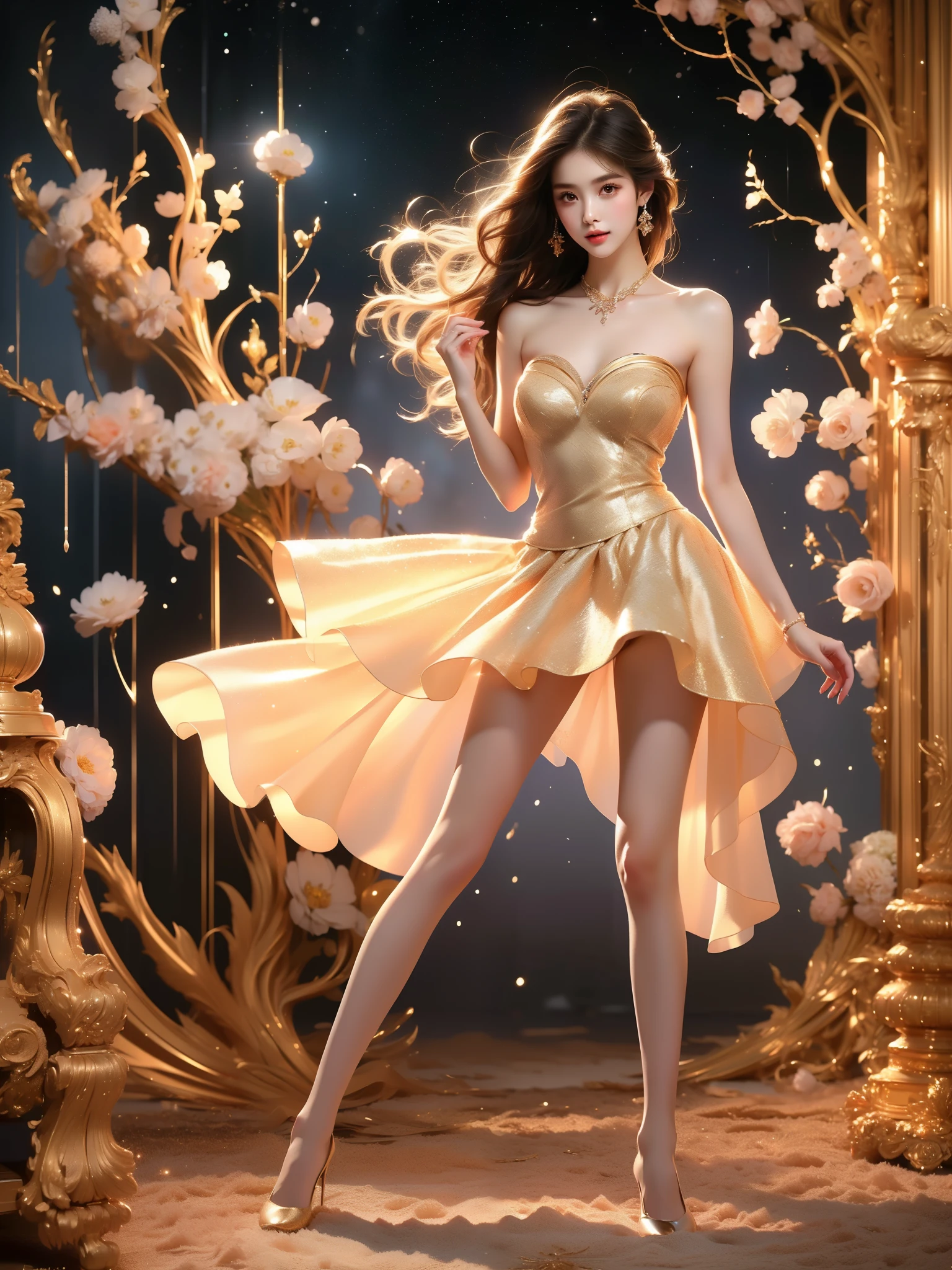 lifu,
lifu,strapless dress, ,((full body)), ((single bare shoulder)), (Asian beauty: 1.3), girl, solo, ((short skirts, miniskirt, very short hemline)), (toned body: 1.2), (naturally large breasts: 1.1), (visible cleavage: 0.8), (smooth flawless skin: 1.2), (perfect anatomical proportions: 1.3), (anatomically correct legs: 1.3), (elegantly long legs: 1.3), 1.1) (a playful girl, one hand running through her long hair, the other lifting her skirt slightly), (detailed features: 1.2), (big bright eyes: 1.1), (long eyelashes: 1.1), charming smile, gentle and confident expression, Head slightly tilted, long flowing hair, (night scene: 1.1), (starry sky: 1.0), (space background: 0.9), (professional soft light: 1.2), (warm tone: 1.1), (Masterpiece: 1.4), (Super Detail: 1.3), (Sharp focus: 1.2), (Realistic: 1.2), (Hi-Fi: 1.1)