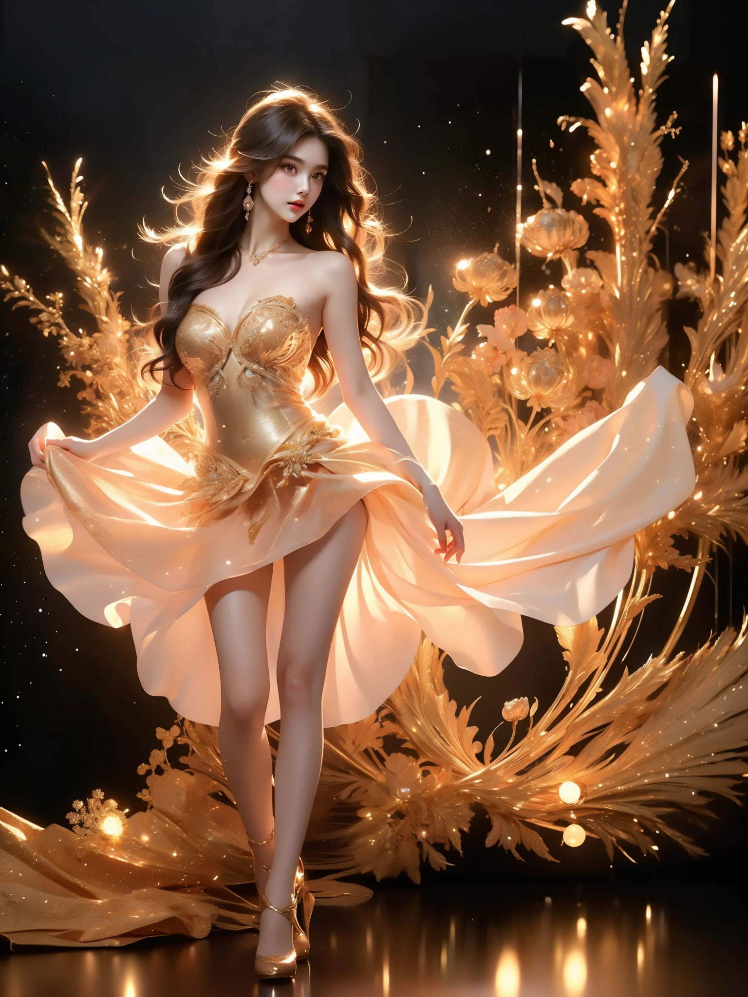 Full figure, -clinging shooting, 18 years old, golden firefly clothes, strap clothes, glowing clothes, ornaments, exquisite faces, details, hands, ultimate details, amazing magnificence, Pedaipan style, fiber hair, glowing golden iris, ((glowing flower)),