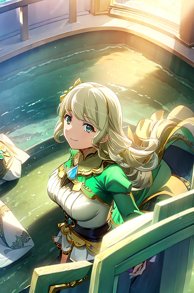 ((Best Quality)), ((masterpiece)), ( Details),  1 Girl, Light blonde, Emerald Green_eye, smile, Sister, chest, Big Breasts, Costume_ Satono Diamond, background_temple