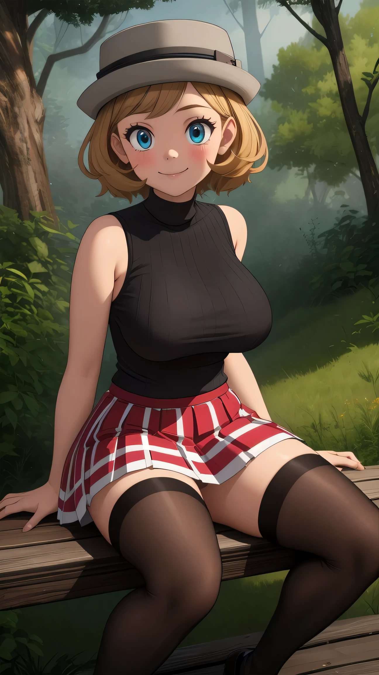 Nsfw, pkmnserena, full body, Burst, 1girl, solo, mature girl, blue eyes, blonde hair, short hair, bangs, hat, grey headwear,
black shirt, turtleneck, sleeveless, red skirt, pleated skirt, black thighhighs, big breast, 
smile,closed mouth,cowboy shot,sitting,
forest,outdoor,
(insanely detailed, beautiful detailed face, masterpiece, best quality) cinematic lighting,