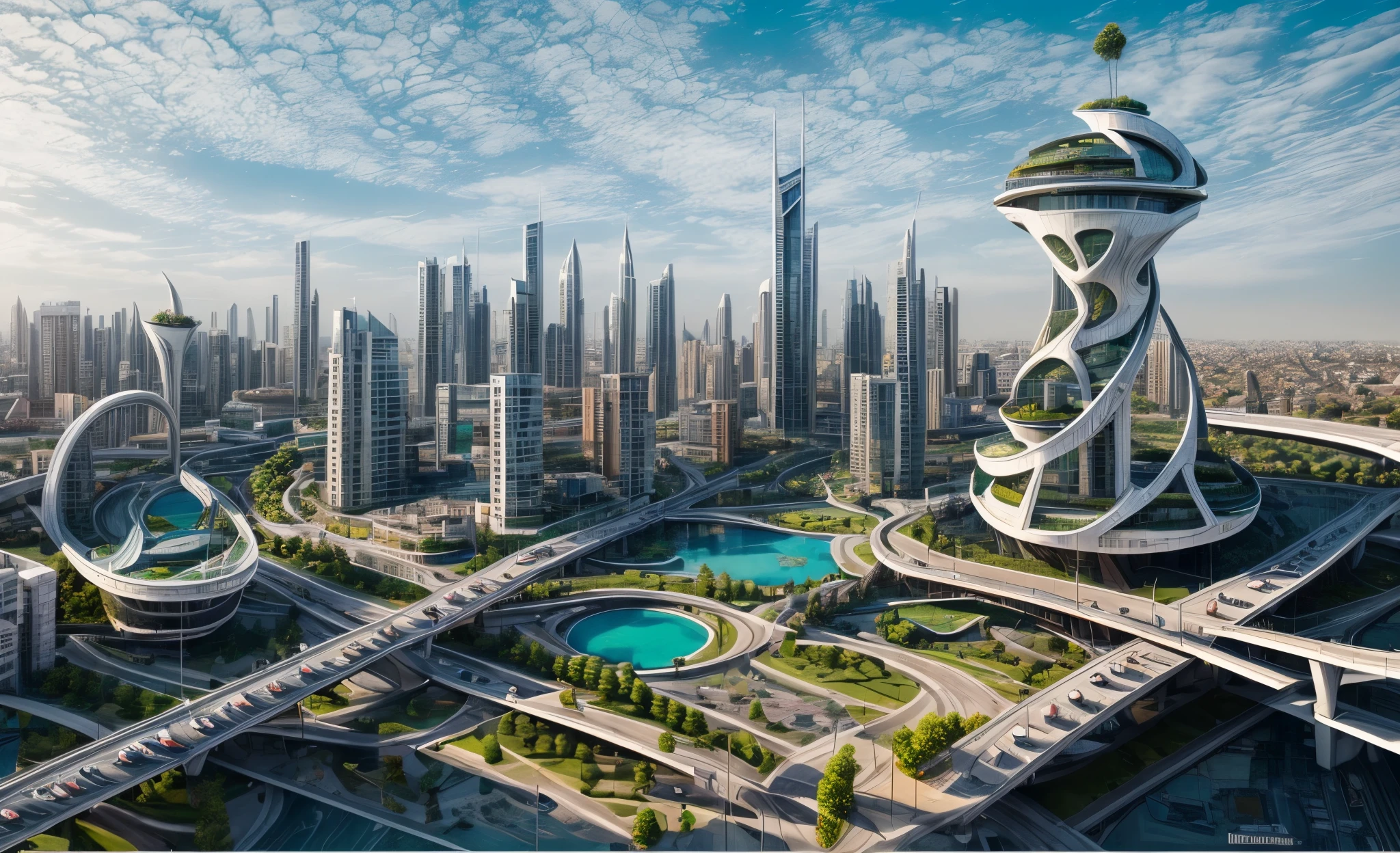 city plan, roads, parks, cars, amazing huge buildings , big towers, small pools, trees, blue sky