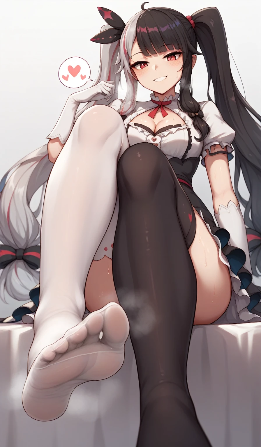 rena, twintails, very long hair, white gloves, puffy short sleeves, cleavage cutout, two-tone dress, asymmetrical legwear, mismatched legwear, thighhighs, black thighhighs on left leg, white thighhighs on right leg,  Sitting at the bet, Low Angle, Foot Focus, Perfect feet, Anatomically correct, kind smile, spoken heart, {{{vulgarity}}}, breath, heavy breathing, breathless, foot sweat, perspired, humid, looking down at viewer,